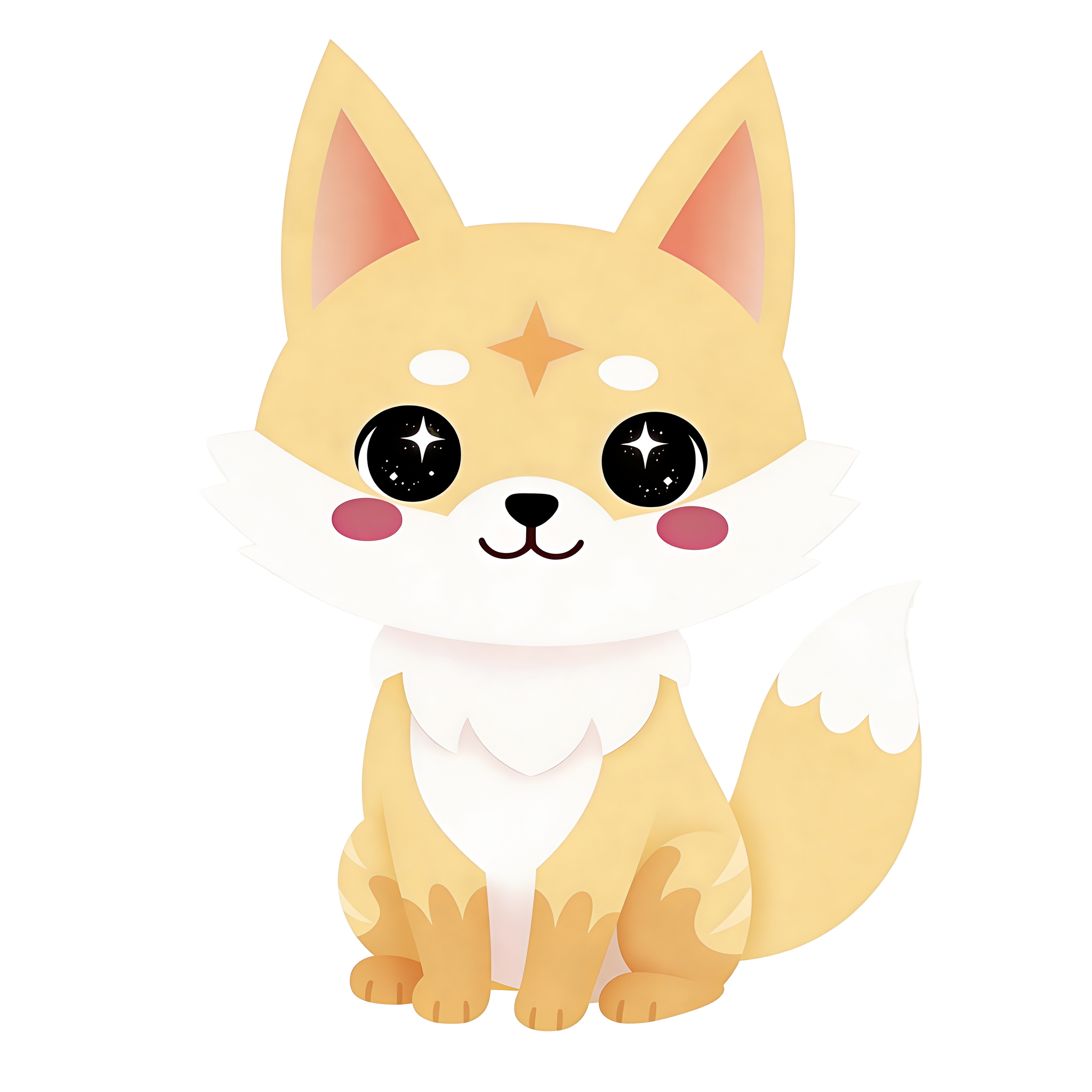 Kon, a friendly cream-colored kitsune fox spirit, sitting and welcoming you